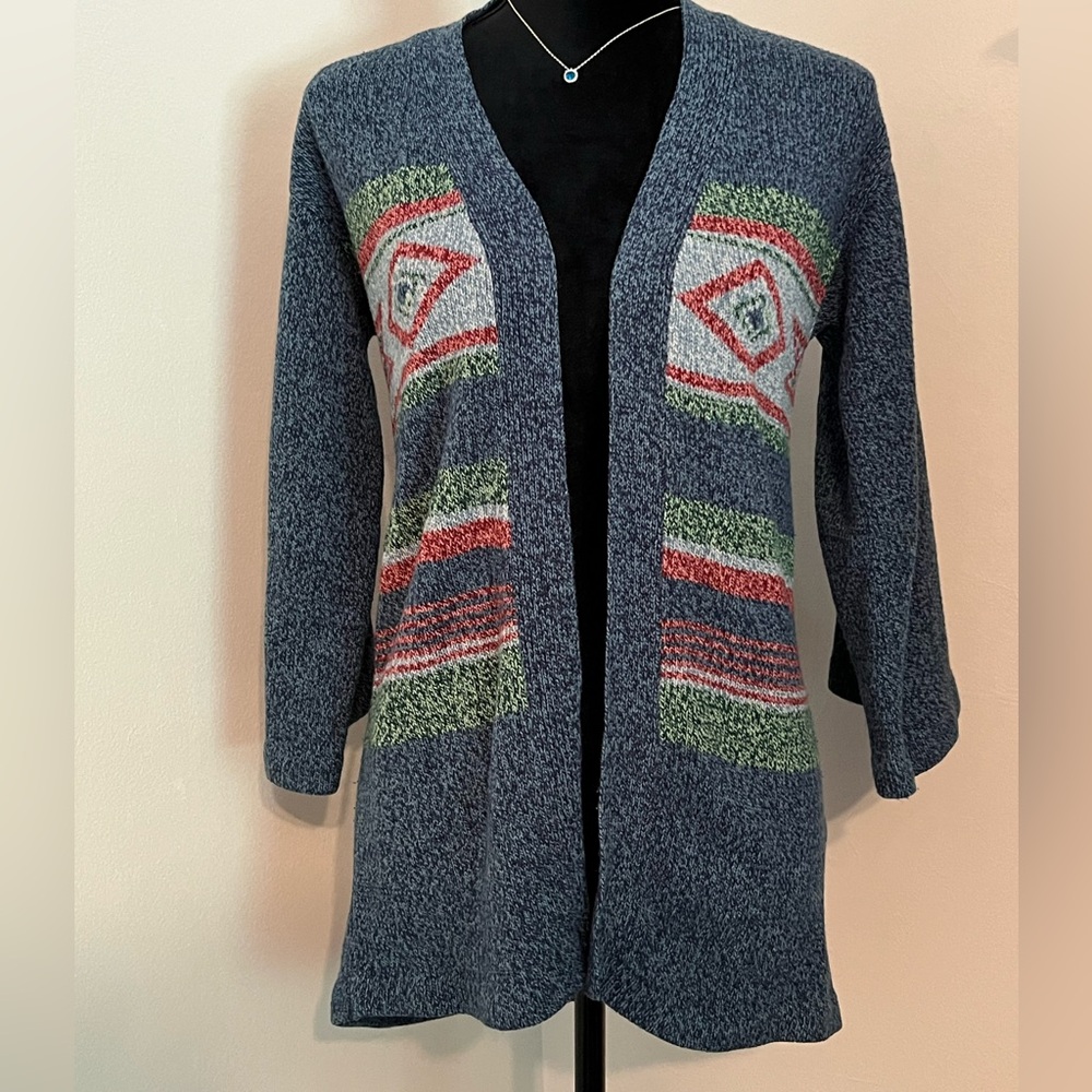70s vintage bell sleeve‎ sweater 100% acrylic Aztec blue academia cardigan sz S